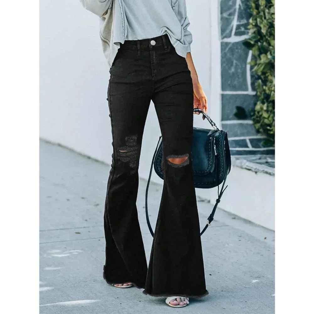 trendy Ripped distressed Raw Hem Flared Jeans black denim - Picture 3 of 5